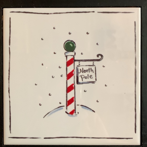 Unique Ceramic North Pole plaque in wooden frame. Trivet or hanging. 8” x 8” - Picture 2 of 5